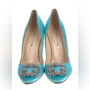 Manolo Blahnik Turquoise Satin Heels with Crystal Buckle